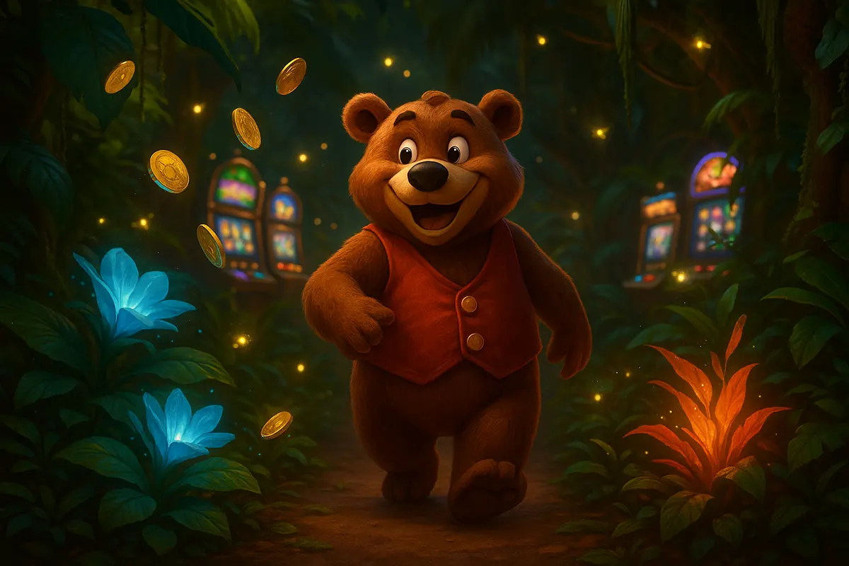 Cheerful cartoon bear walks through a magical forest with glowing plants and floating gold coins. Slot machines shine in the background, creating an atmosphere of adventure and casino excitement. A whimsical scene symbolizing luck, rewards, and fun gameplay.